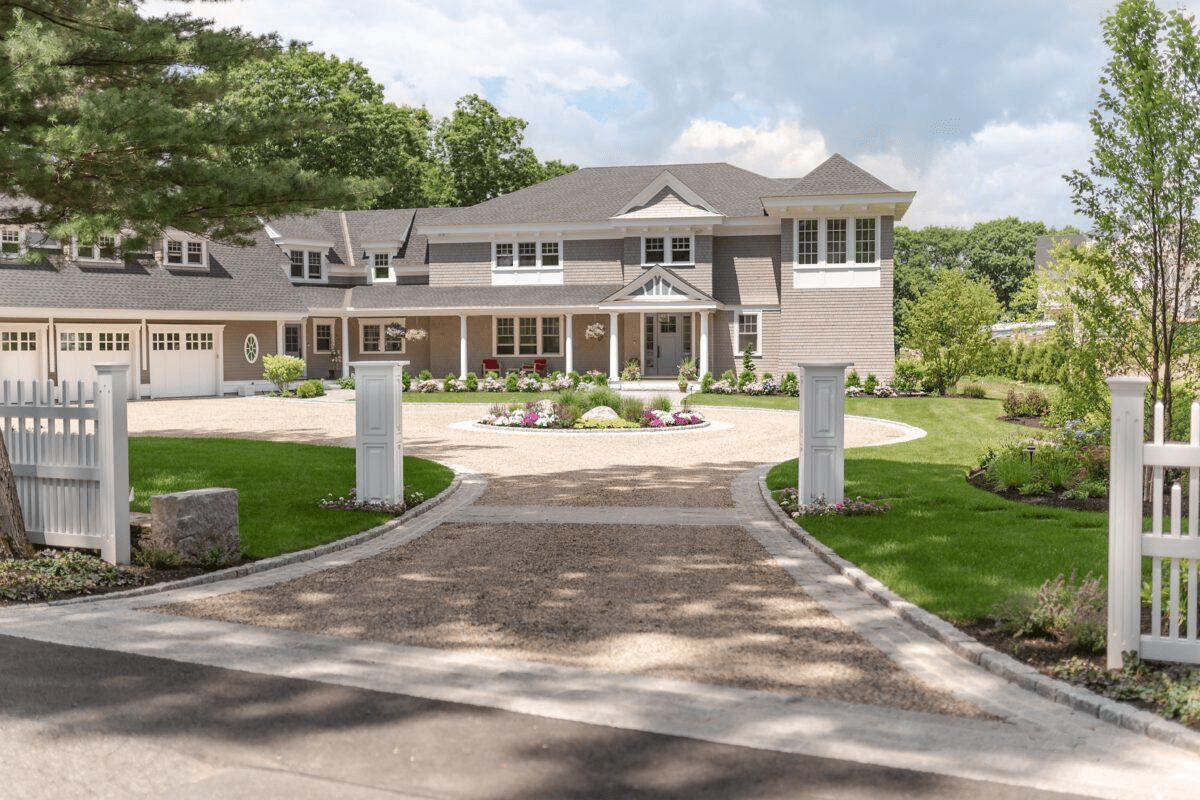 Grand Driveway Entrance with Stone Columns